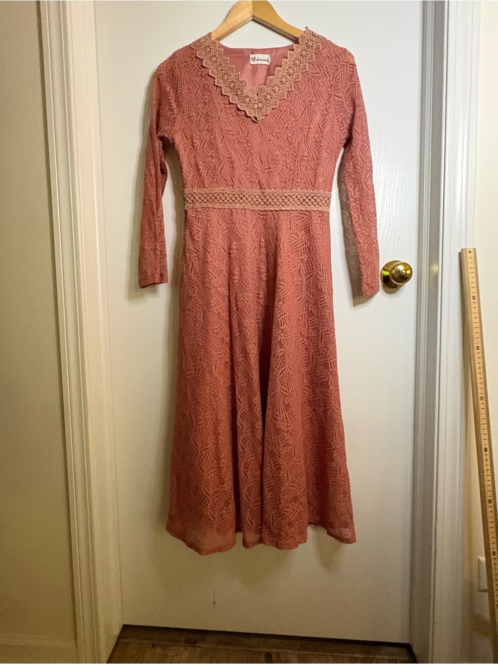 Aomeimei Sz S Pink Floral Lace Midi Dress V-Neck Long Sleeve A-Line Retro Style